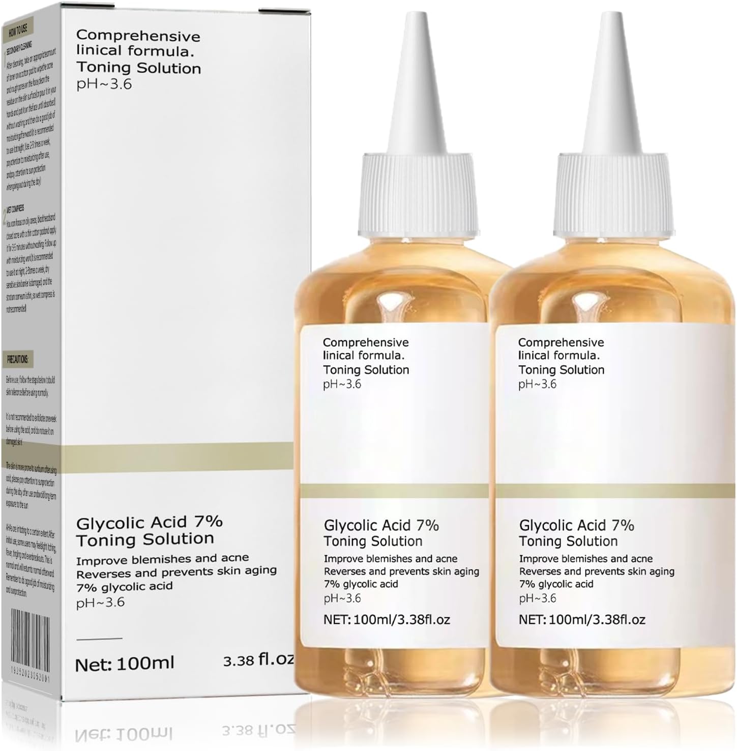 Glycolic Acid Toner, Glycolic Acid 7% Resurfacing Exfoliating Solution for Blemishes and Acne, Toner Suitable for Combination and Oily Skin, Pore Treatment (100ml) 2Pcs