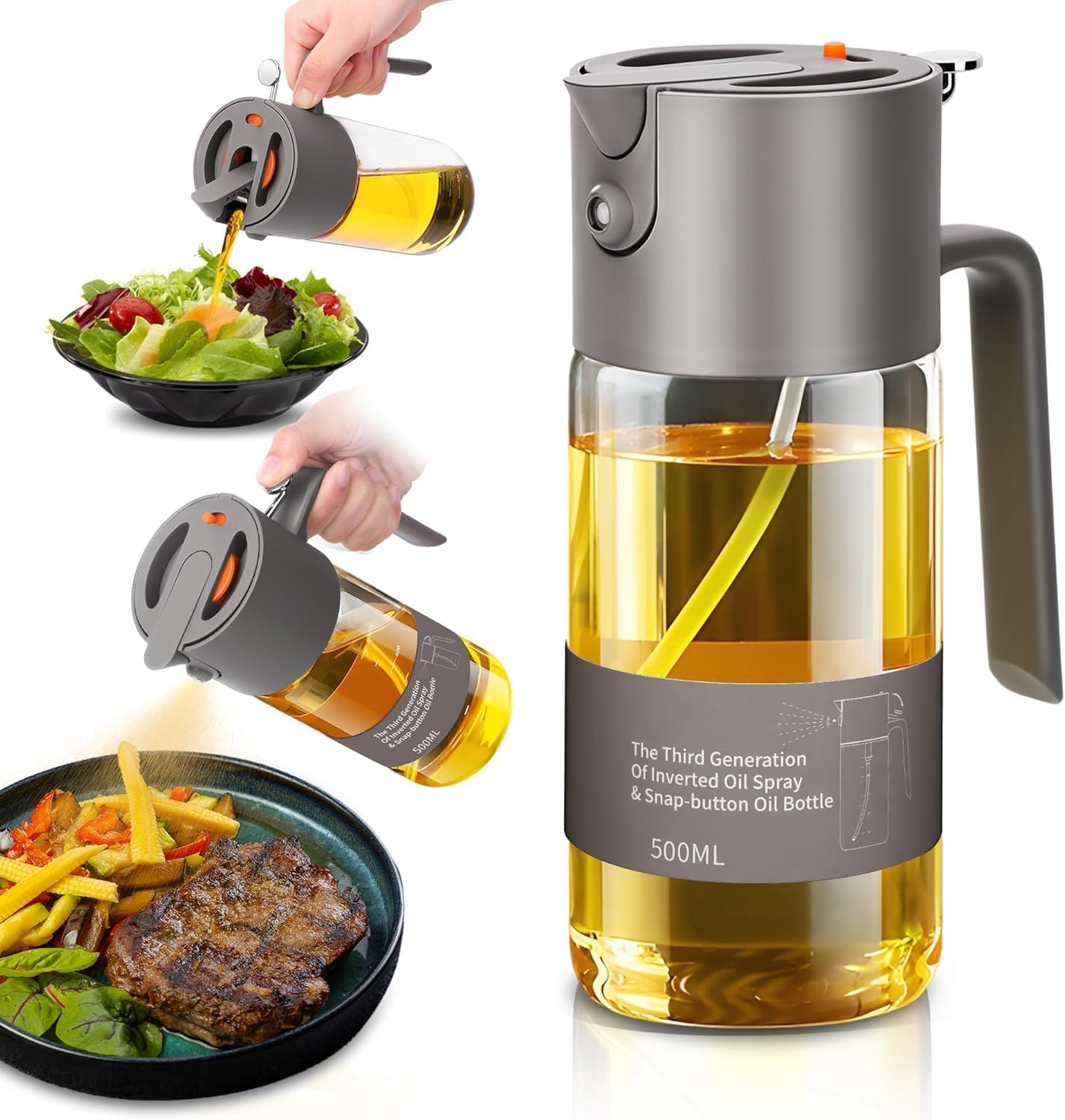 VOMEP Oil Sprayer for Cooking, 2025 Large Advanced Olive Oil Dispenser Bottle,500ml/17oz Glass Olive Oil Sprayer,2 in 1 Even Spray with Portion Control for Kitchen, Air Fryer, Salad, BBQ - Gray