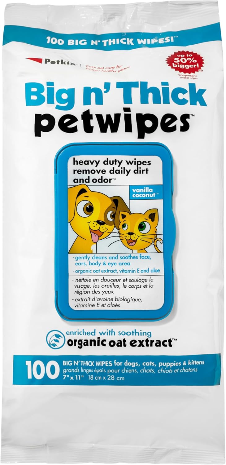 Petkin Petwipes, 100 Wipes – Big 'n Thick Extra Large Pet Wipes for Dogs and Cats – Cleans Face, Ears, Body and Eye Area – Super Convenient, Ideal for Home or Travel – Single Pack of 100 Wipes