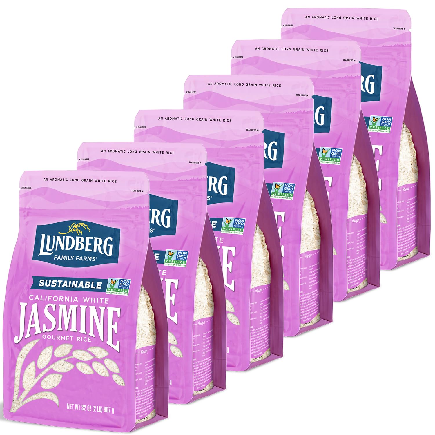 Lundberg Jasmine Rice, Long Grain White Rice - Non-Sticky, Fluffy Aromatic Rice, Sustainably Grown in California, Pantry Staples, Chip Clip Included, 32 Oz (Pack of 6)
