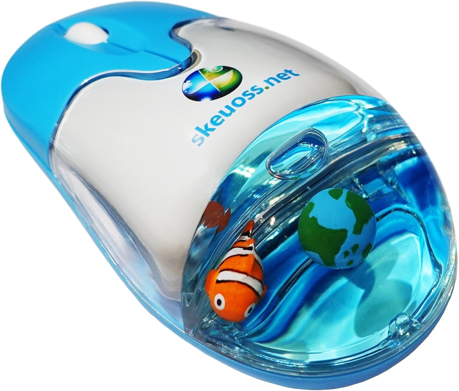 Frutiger Aero Aqua Mouse - Clear Blue USB-C Rechargeable Wireless & Bluetooth Optical Retro Computer Mouse with Liquid Section and Floaters (Globe, Clownfish)