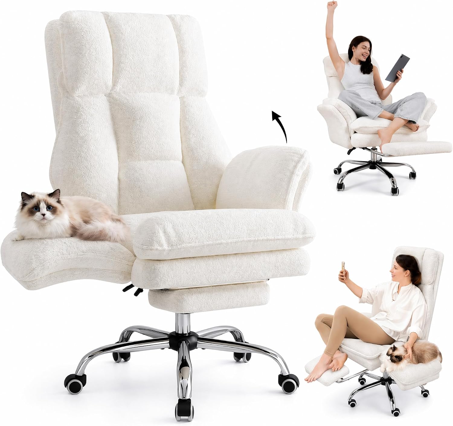 Big and Tall Office Chair with Footrest, Cross-Legged Sitting, Teddy Beige