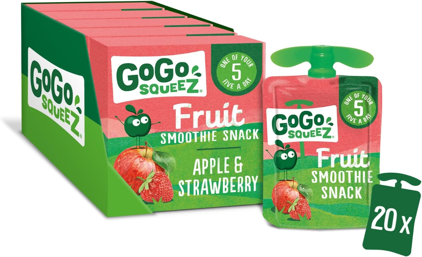 GoGo squeeZ Apple Strawberry Fruit Smoothie Snack,100% Real Fruit Blend, 20 x 90g Pouches, Snack for Kids & Adults, Gluten-Free, Vegan, No Added Sugar, School Lunchbox Friendly, On-the-Go Snacking