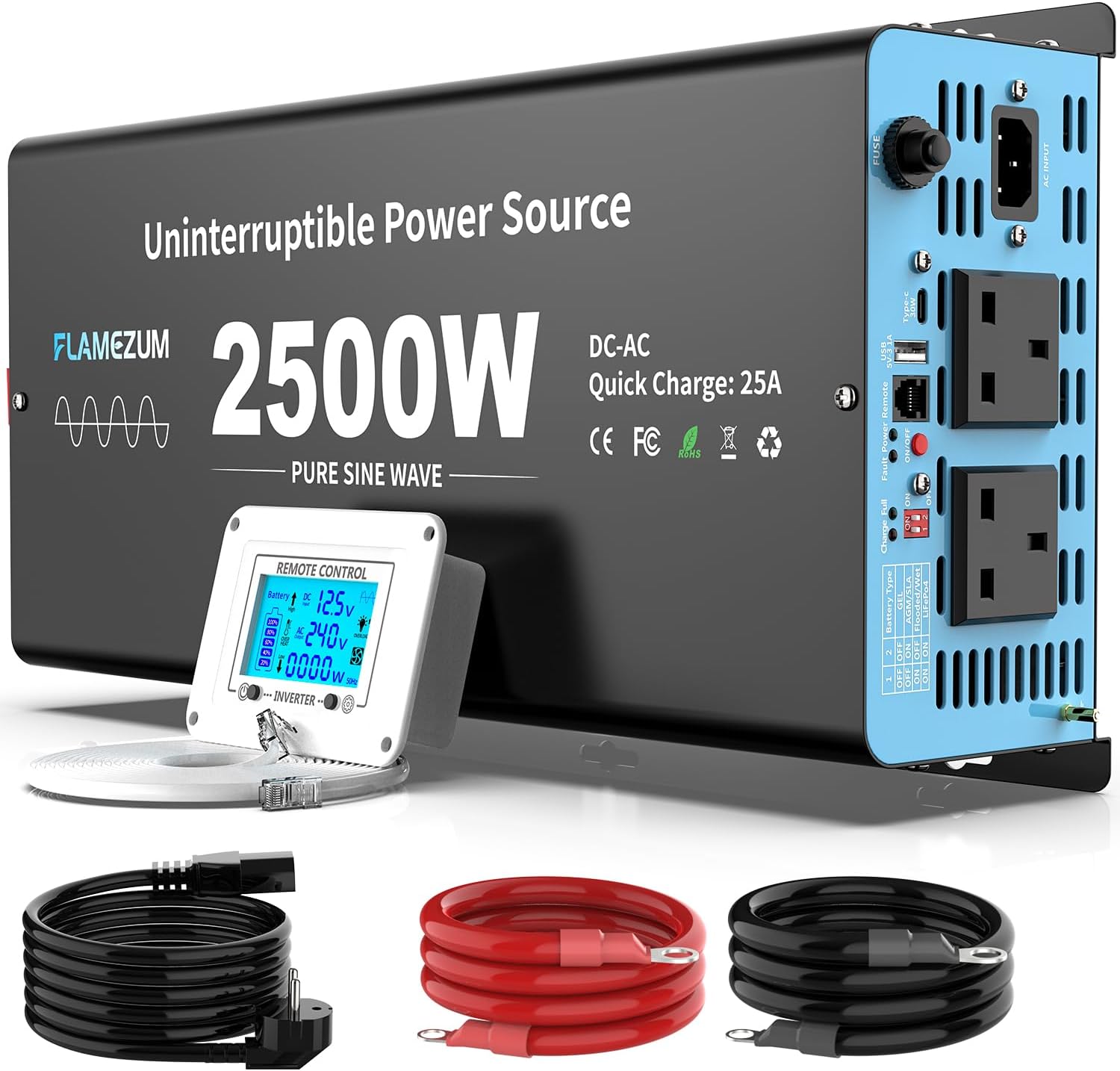 2500W Inverter 12v to 240v Pure Sine Wave with UPS Function,Off-grid Power Converter Uninterrupted Power Supply,with LCD Remote Control for Home,Office,Travel, Camping,Backup System for Power Outage