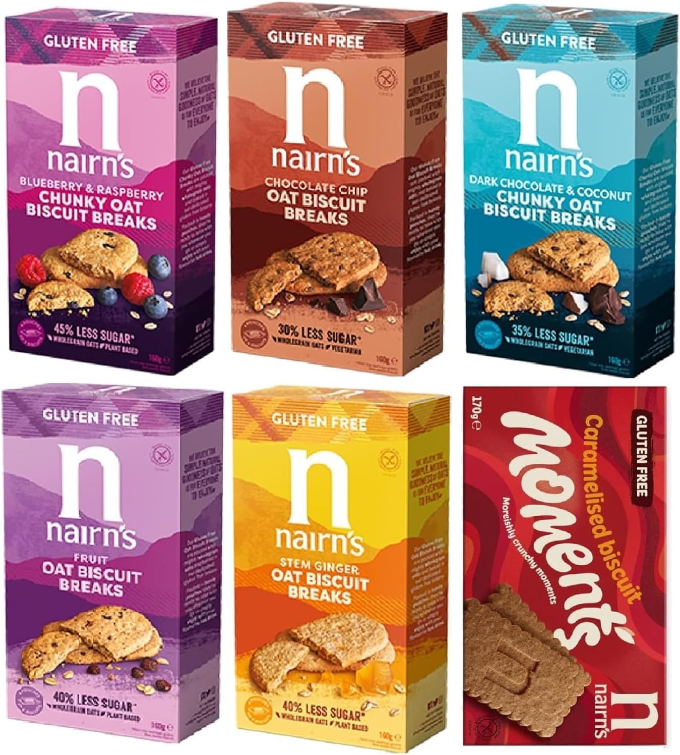 Nairn's Gluten Free Sweet Variety Pack - Choc Chip/Stem Ginger/Fruit/Caramelised Biscuit Moments/Dark Chocolate Coconut/Blueberry & Raspberry Chunky Biscuit Breaks Etc. Pack of 6