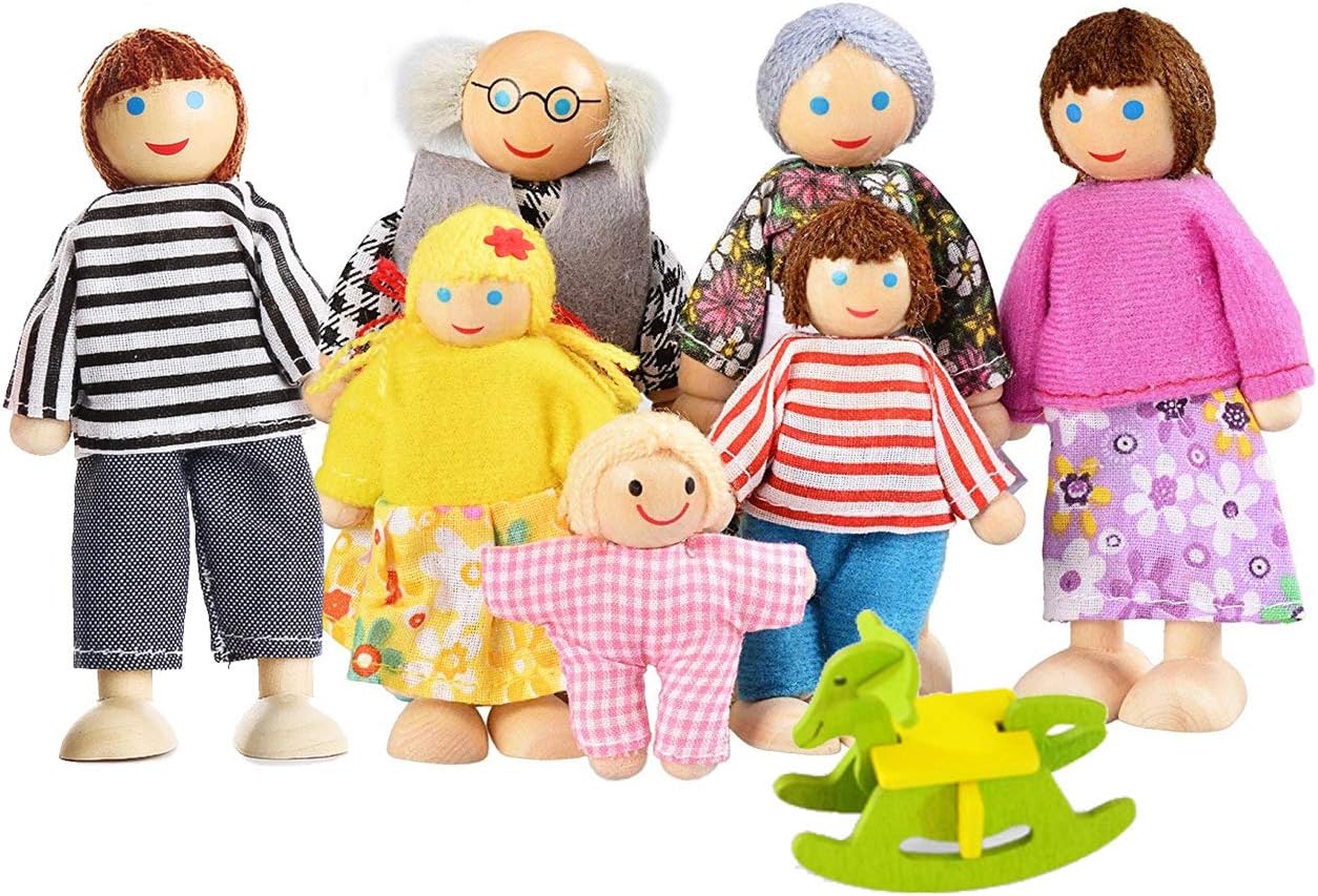Lovely Happy Family Dolls Playset Wooden Figures Set of 7 People for Kids Children Toddlers – Dollhouse Pretend Gift