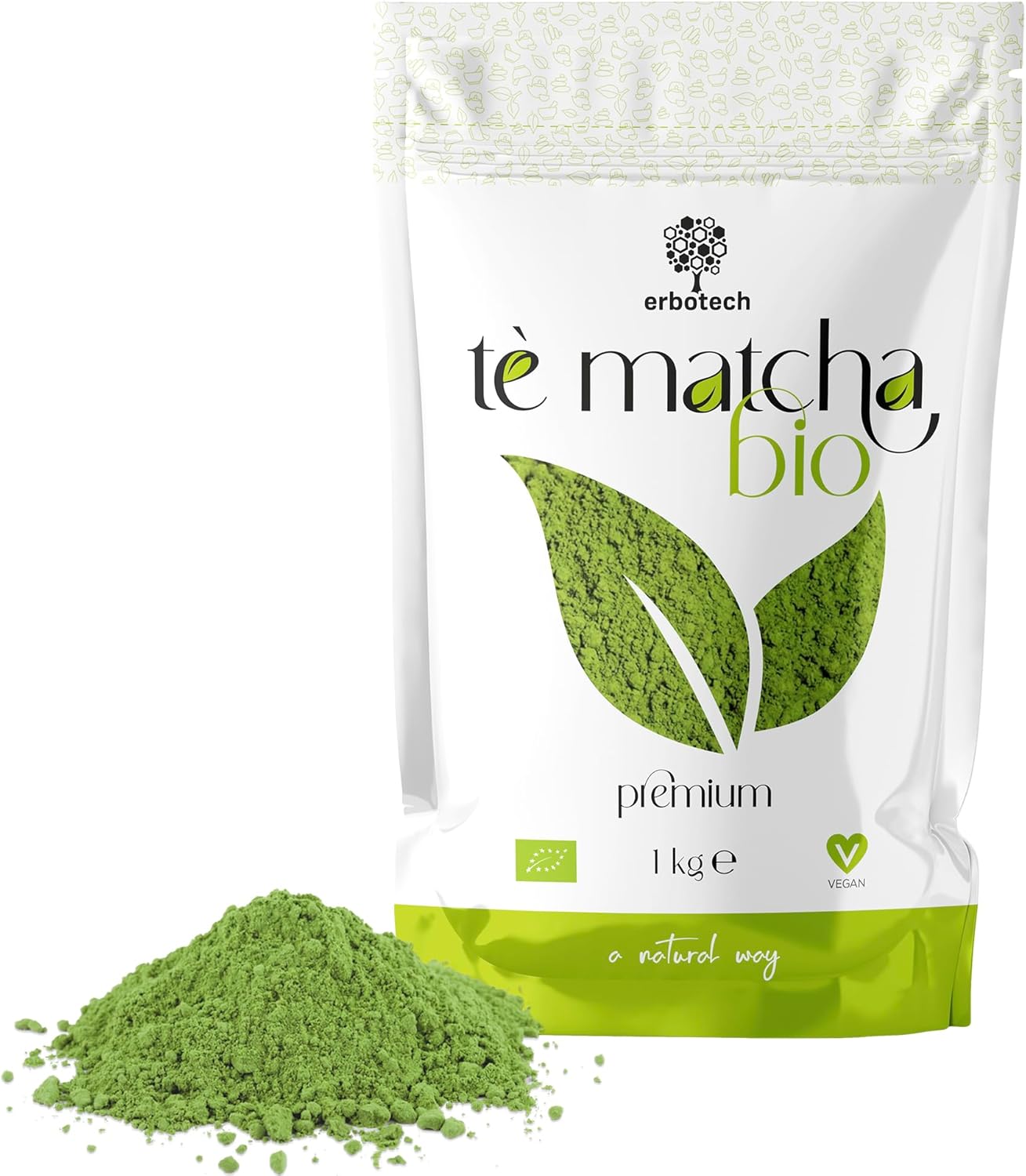 ERBOTECH Organic Matcha Tea, Organic Japanese Green Tea Powder, 1kg Bag, 100% Natural Multivitamin, Vegan. Ideal for Desserts, Smoothies