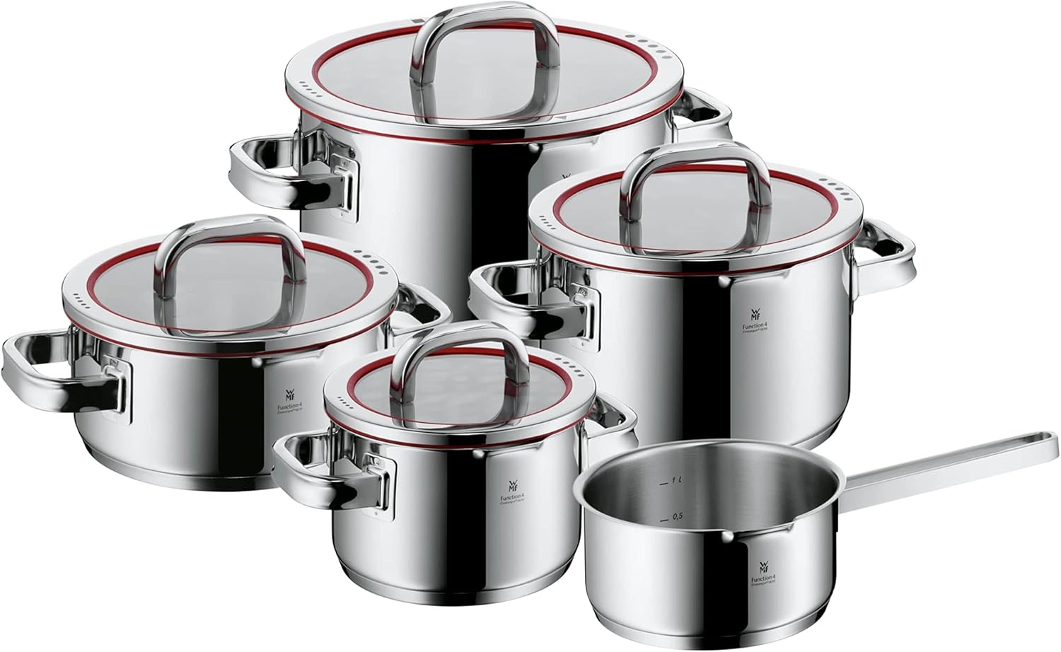 WMF Function 4 5-Piece Induction Saucepan Set, Glass Lid with 4 Pouring Functions, Polished Cromargan Stainless Steel, Induction Pots Set, Inner Scale