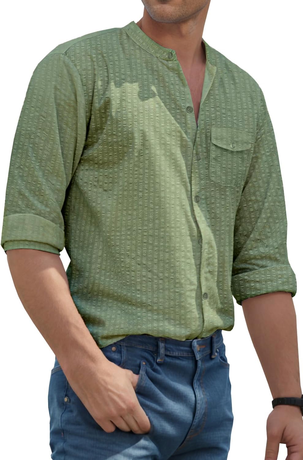 VATPAVE Men's Cotton Banded Collar Shirt Casual Button Down Long Sleeve Dress Shirts with Pocket