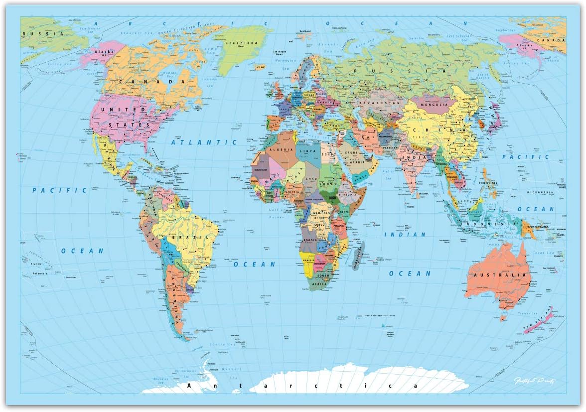 Faithful Prints World Map Poster Atlas Print Geography Educational Classroom Chart (A3 (297 x 420mm))