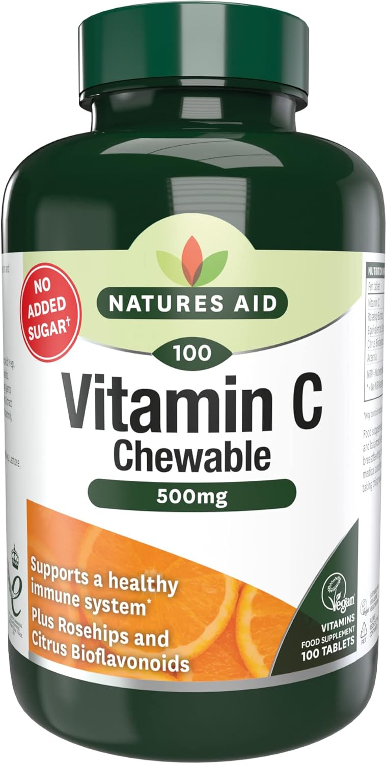 Natures Aid Vitamin C 500mg 100 Chewable Tablets – Supports Immune System & Skin Health - High Strength, Sugar Free, Vegan, Non-GMO – Antioxidant Supplement