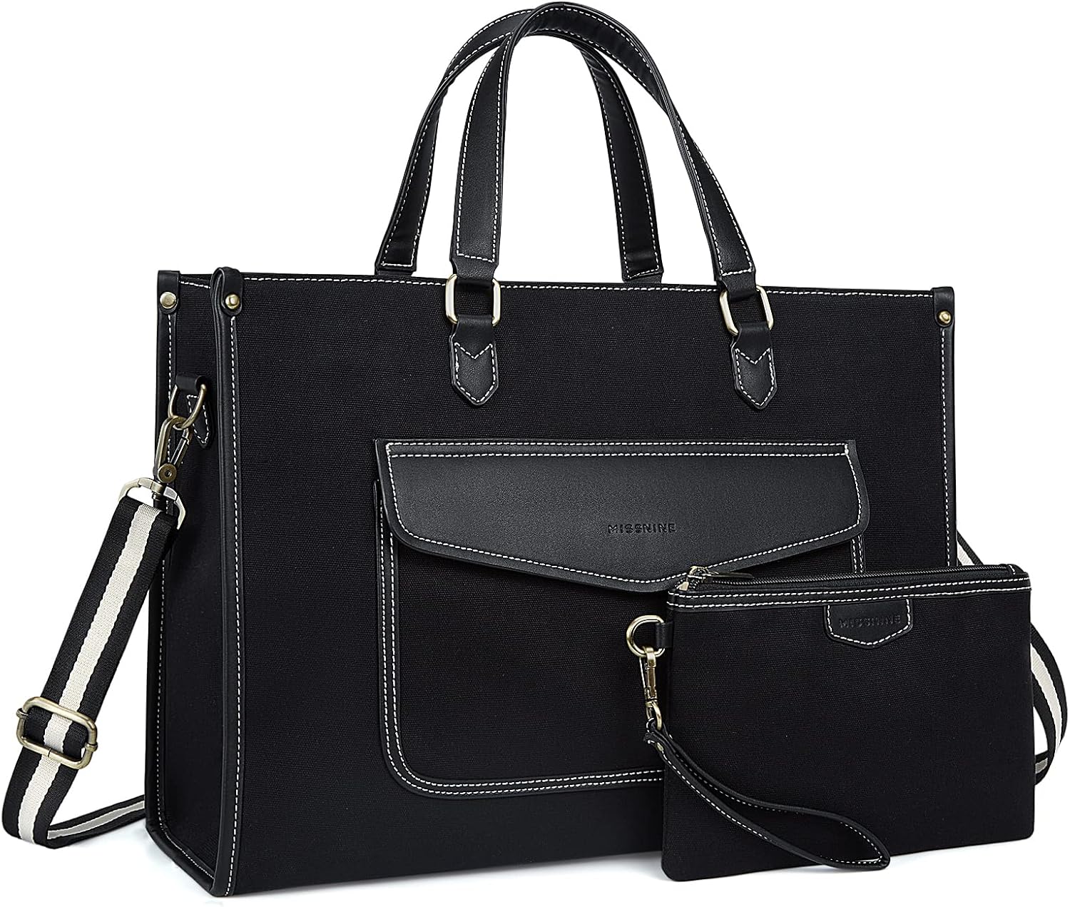 Missnine Tote Bag Canvas Laptop Bag for Women 15.6 inch Casual Work Bags with Clutch Purse Computer 2 PCS Set (Black_2pcs)