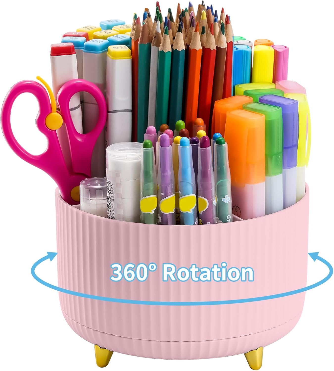 Marbrasse Desk Organizer, 360-Degree Rotating Pen Holder for Desk, Desk Organizers and Accessories with 5 Compartments Pencil Organizer, Art Supply Storage Box Caddy for Office, Home (Pink)