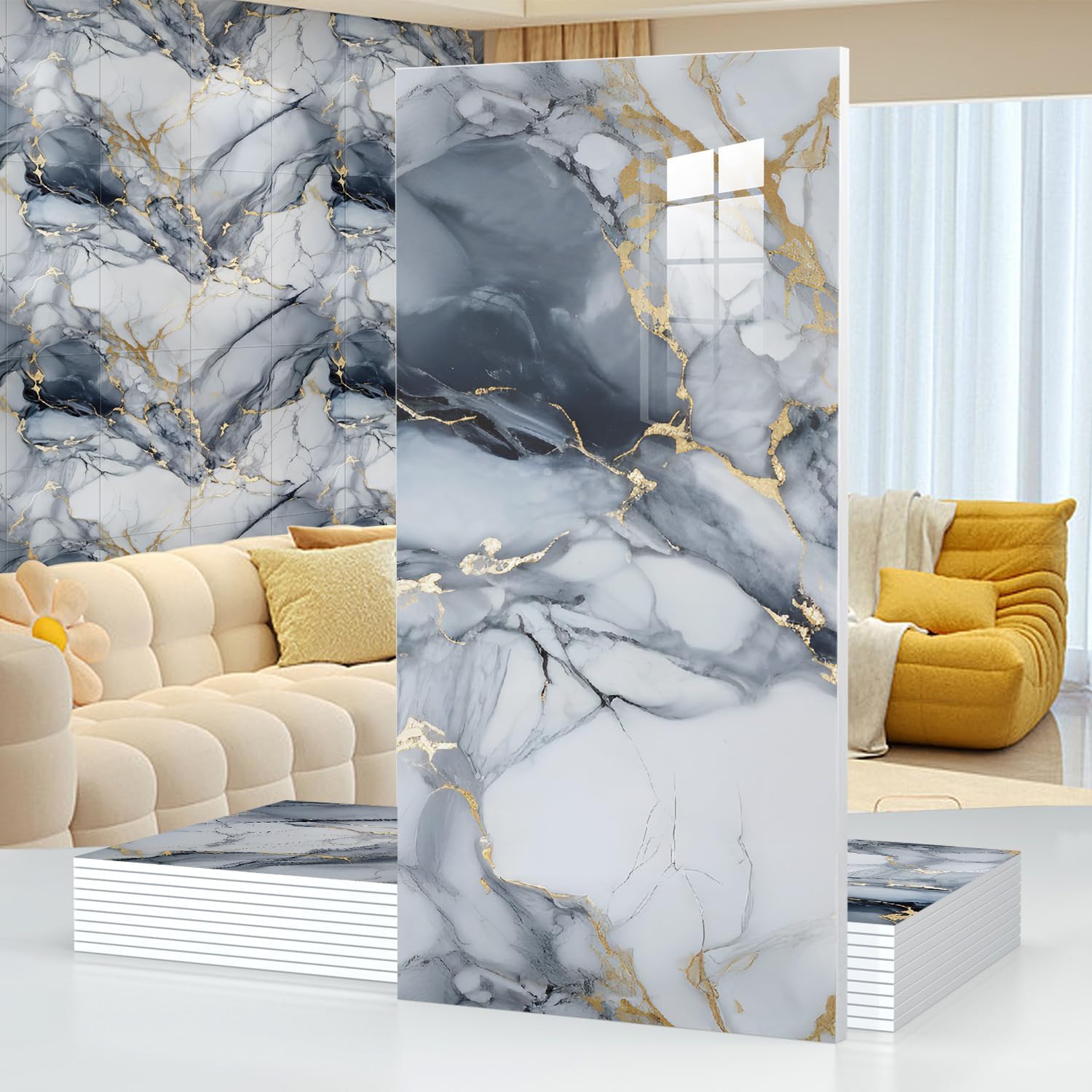 10pcs Marble Peel and Stick Waterproof Wall Panels,Heat-Resistant Backsplash Tile, 23.6"x11.8" PVC Foam Wall Sticker for Kitchen,Living Rooms, Bedrooms TV Walls,Blue (Not Real Tile 19.4Sq. Ft.)