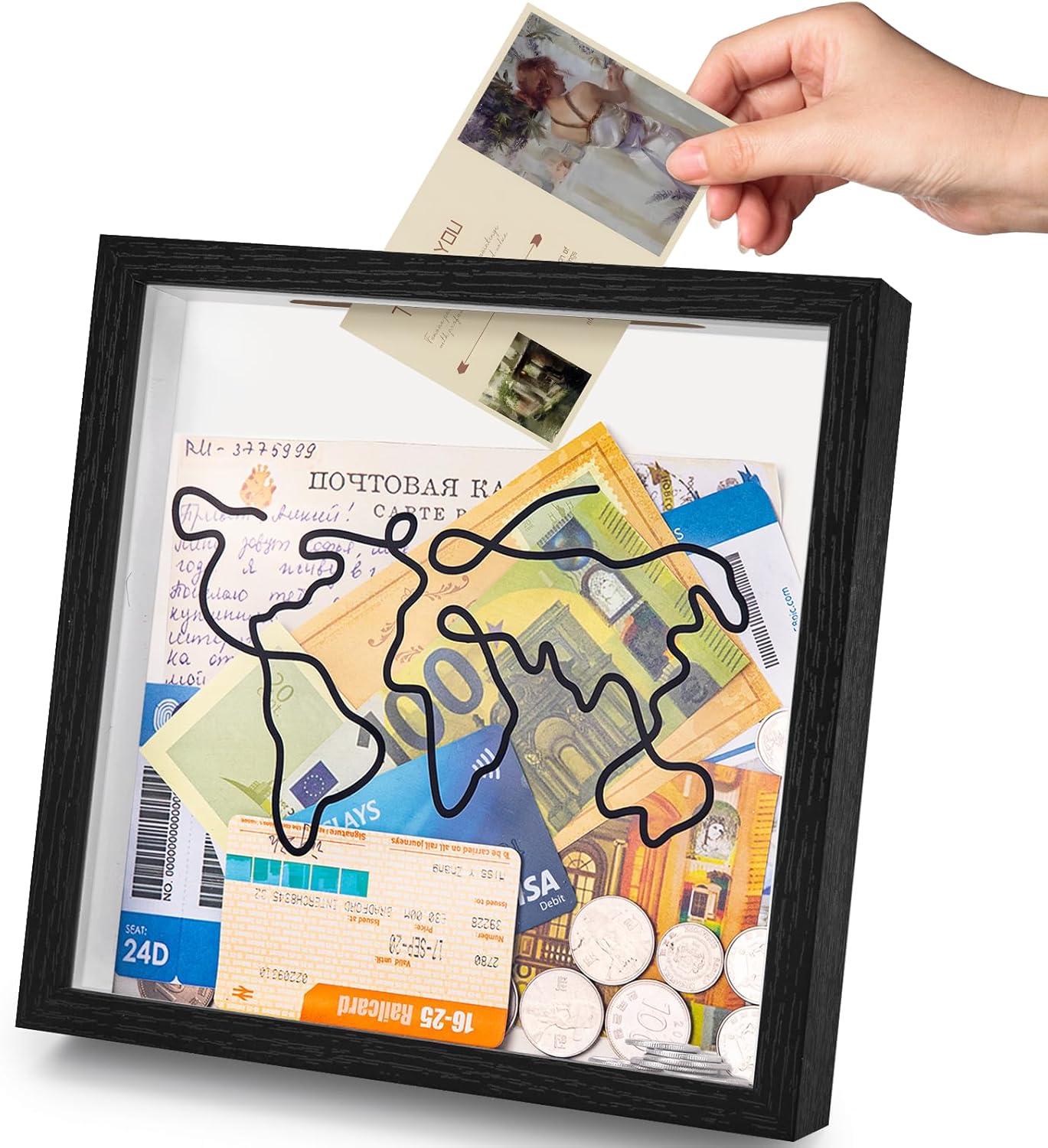 WISYOK Adventure Archive Box Frame, 8x8 Inch Travel Memory Box, Ticket Shadow Box With Slot, Wood Frame Travel Ticket Box, Travel Collection Box for Tickets, Postcards, Souvenirs (Black)