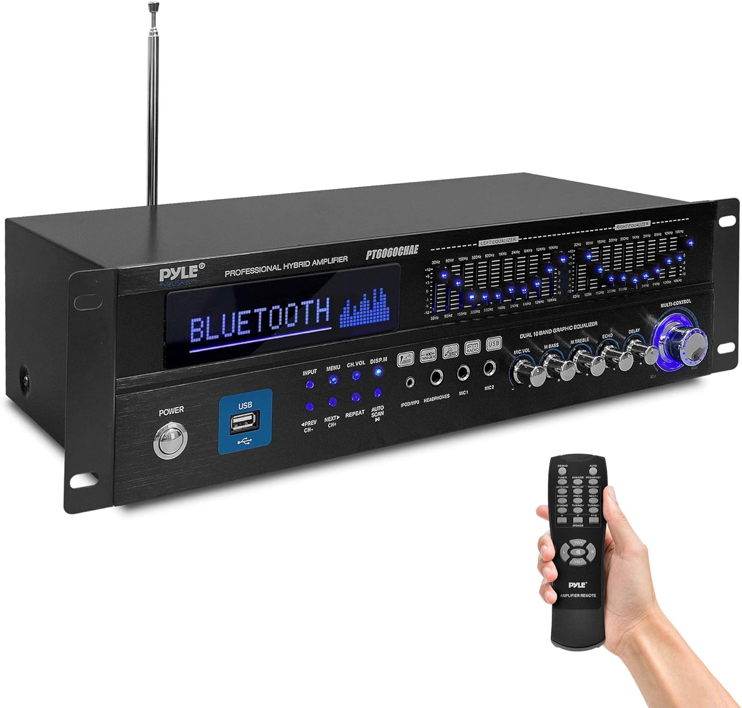 Pyle Bluetooth Hybrid Home Amplifier - 6-Channel 2000W Home Audio Rack Mount Stereo Power Amplifier Receiver w/ Radio, USB/AUX/RCA/Mic, Optical/Coaxial, AC-3, DVD Inputs, Dual 10 Band EQ
