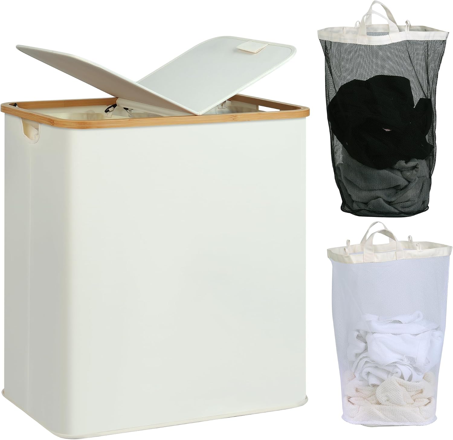 efluky Laundry Hamper with Lid, Double Laundry Hamper with 2 Removable Bags, 2 Section Laundry Basket with Bamboo Handles for Bathroom, Bedroom & Laundry Room, 140L (36.9 Gallon) Beige