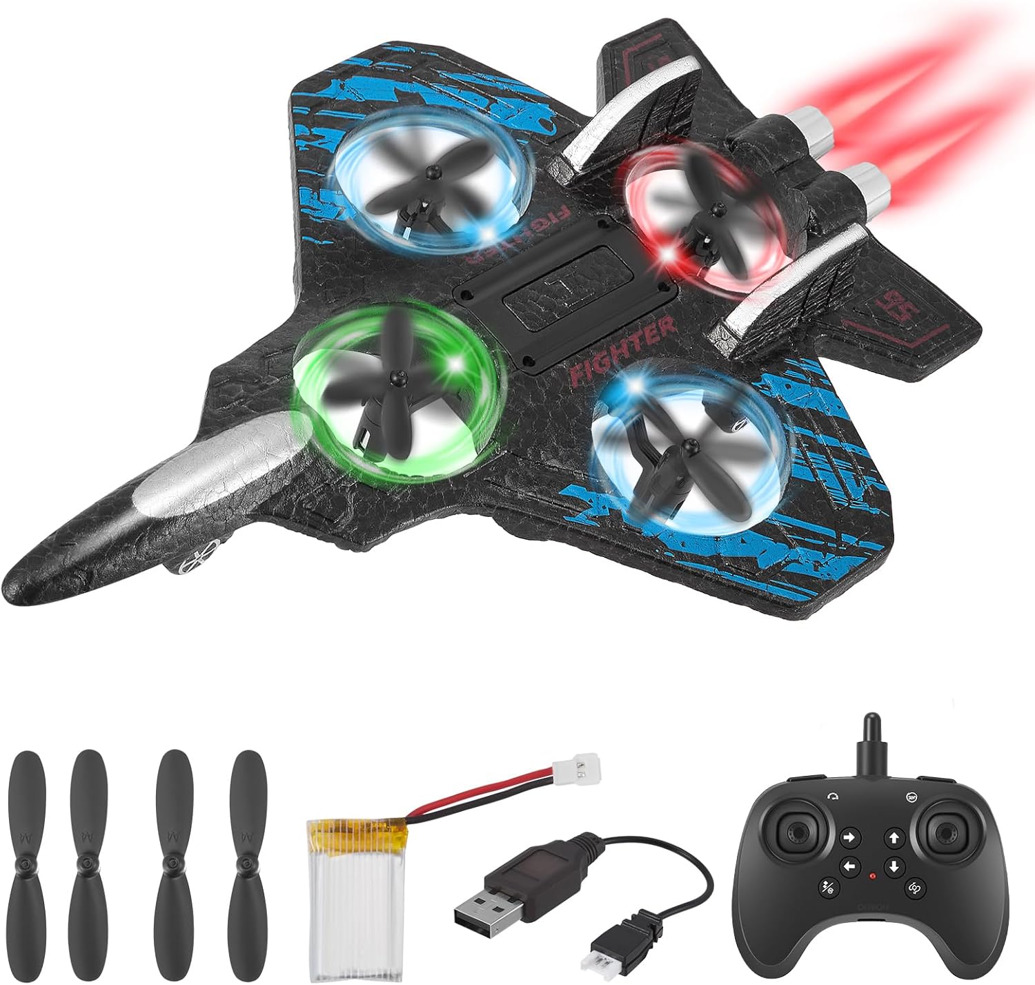 RC Plane, Foam Remote Control Airplane Helicopter with Cool Light, 2.4Ghz Controlled Aircraft Airplanes Toys Birthday Gifts for Kids Boys, 2 Batteries, 360° Flip, Spinning Drone, Stunt Roll