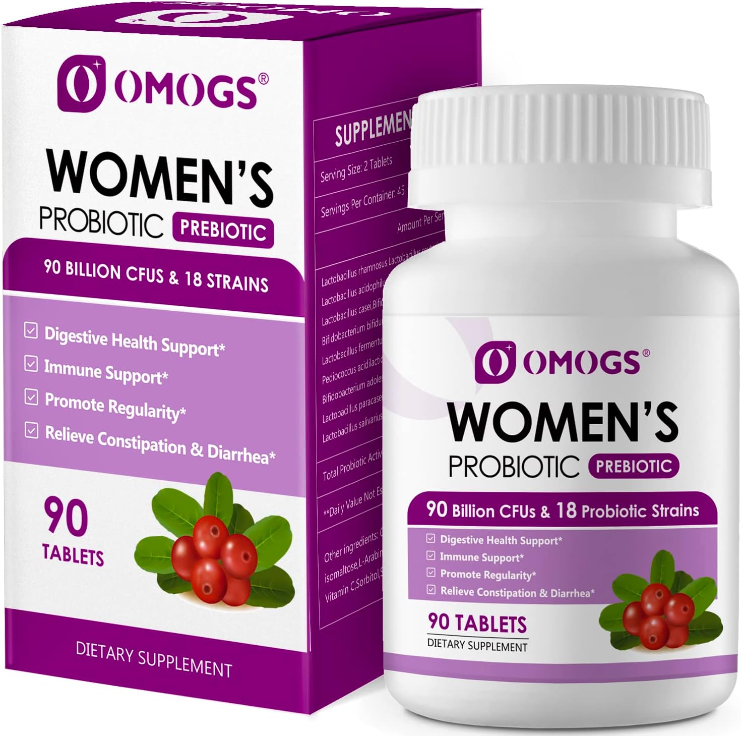 Women's Probiotic, with Cranberry Extract, Organic Prebiotics & Vitamin C, 90 Billion CFUs,18 Strains, Help for Boost Immune, Digestive, Gut Health & Women's Health, Gluten & Soy Free,90 Tablets