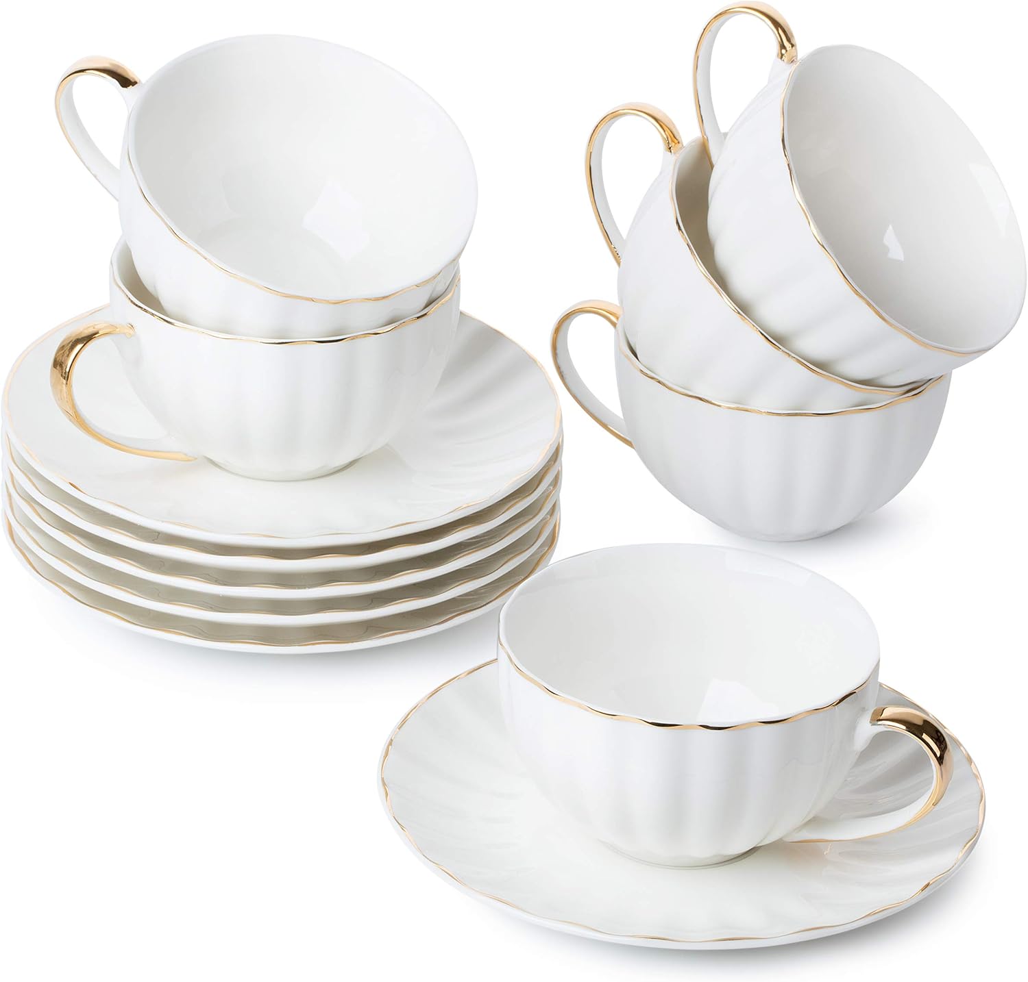 BTaT- White Tea Cups and Saucers Set of 6 (7 oz), Porcelain White Tea Cup Set with Golden Trim Design, Dishwasher Safe, Christmas Gifts
