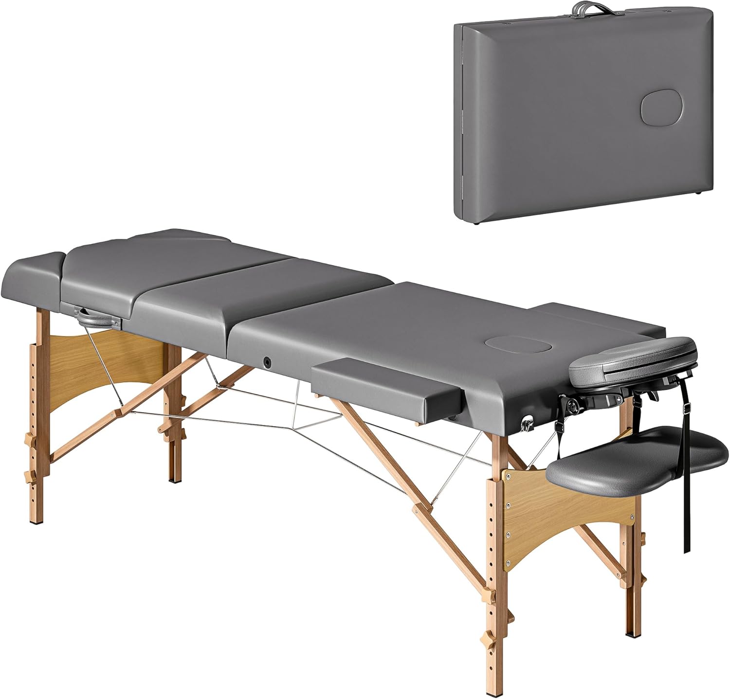 HOMCOM Portable Massage Table, 3 Section Adjustable Beauty Bed, Wooden Foldable Massage Bed with Face Cradle, Padded Armrests for Spa, Lash, Tattoo, Grey