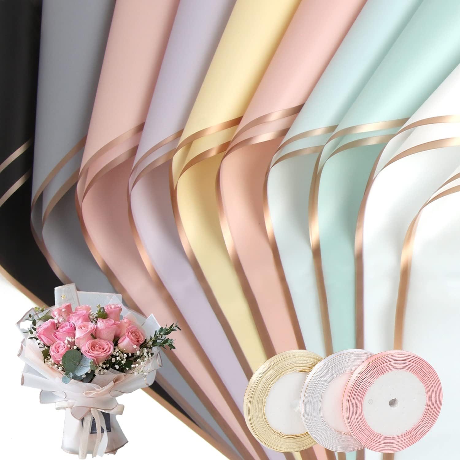 CCINEE 60 Sheets Gold Edge Flower Wrapping Paper,Waterproof Fresh Flower Packing Material with Ribbon Florist Bouquet Supplies DIY Craft Gift Packing,10 Colors