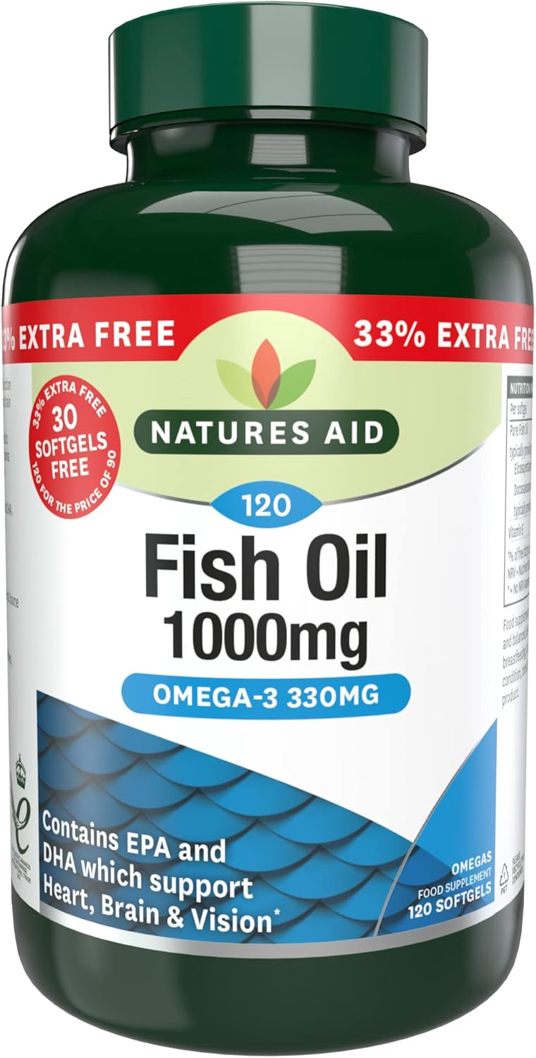 Natures Aid Fish Oil 1000mg – High Strength Omega-3 Supplement with DHA & EPA – Supports Heart, Brain Vision, Immune & Joint Health Non-GMO – High Strength Natural Fish Oil – 120 Softgel Capsules
