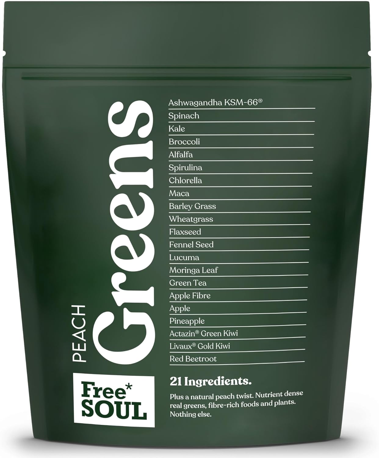 Free Soul Greens | 21 Advanced Greens, Superfoods, and Adaptogens Including KSM-66 Ashwagandha, Vegan & Gluten-Free, Advanced Natural Formula | UK Made | 30 Servings | Peach Flavour