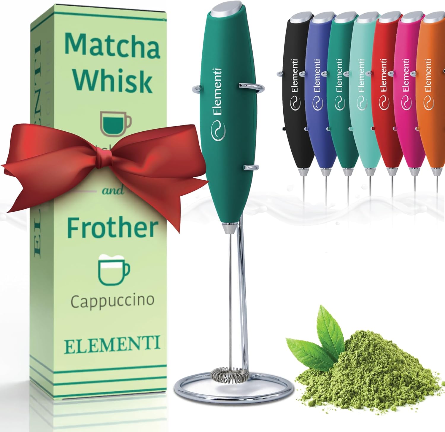 Elementi Matcha Whisk & Frother Set - Powerful Electric Matcha Mixer, Easy to Use Macha Whisk Kit - Craft Effortless Lattes with the Elementi Milk Frother Wand (Emerald Green)