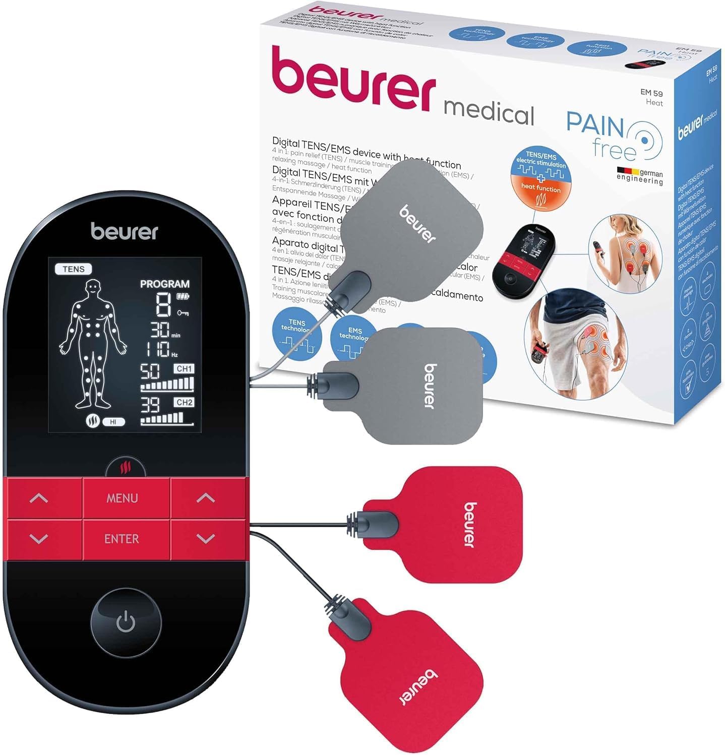 Beurer EM59 Digital TENS/EMS Device with Heat, 4-in-1 stimulation device for pain therapy, muscle stimulation, massage and heat therapy, 4 electrodes, 70 programmes, 50 intensity levels