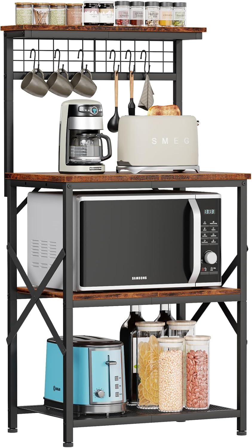 Furologee Kitchen Bakers Rack with Hutch, Coffee Bar Station 4 Tiers, Microwave Oven Stand with 6 S Hooks and Pegboard, Kitchen Microwave Rack for Spice Rack Organizer Workstation, Rustic Brown