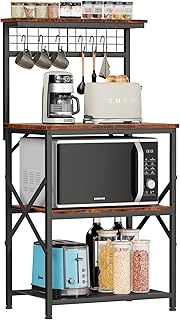 Furologee Kitchen Bakers Rack with Hutch, Coffee Bar Station 4 Tiers, Microwave Oven Stand with 6 S Hooks and Pegboard, Kitchen Microwave Rack for Spice Rack Organizer Workstation, Rustic Brown
