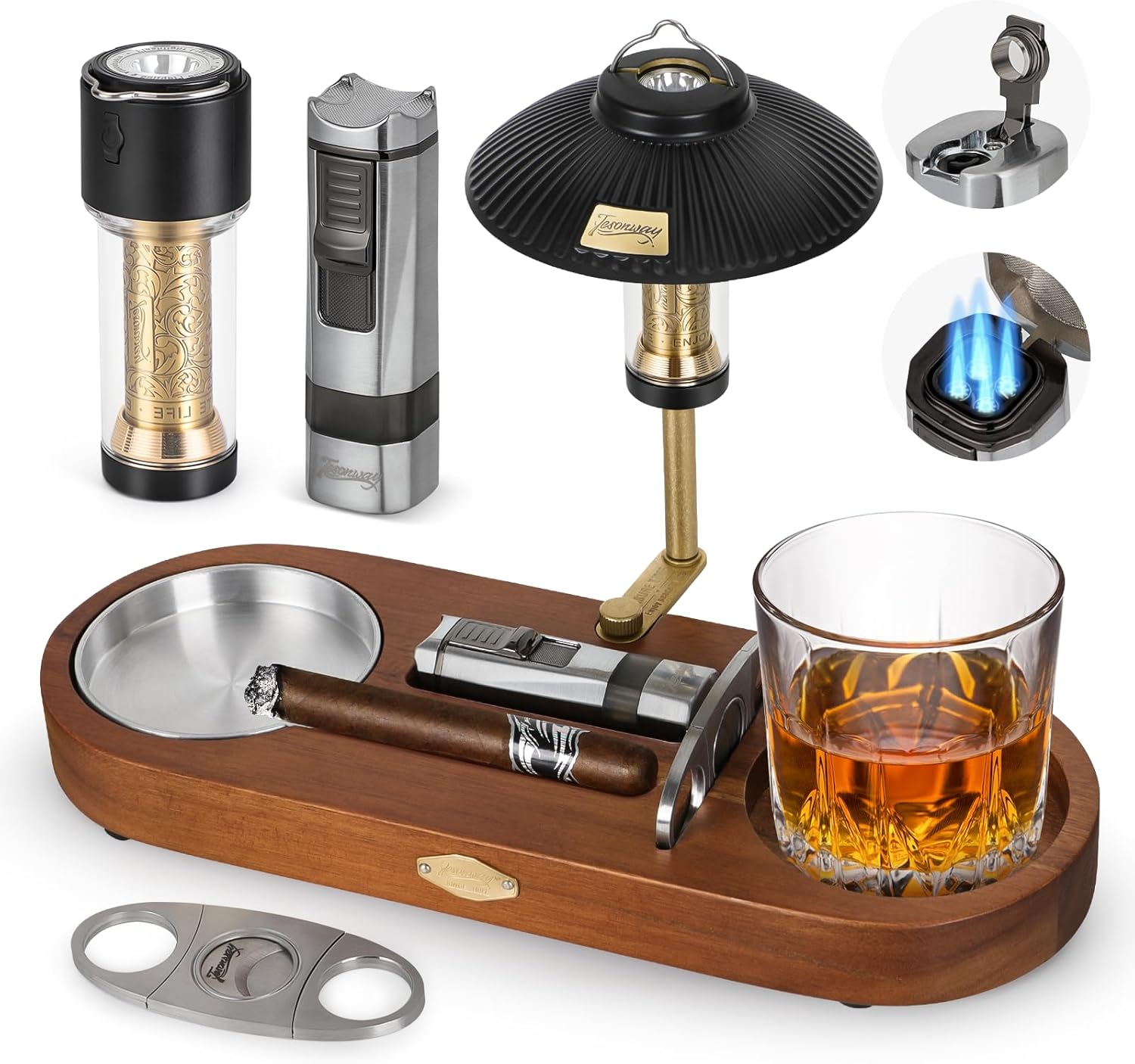 Cigar Ashtray, Whiskey Glass Tray and Wooden Ash Tray, Cigar Accessories with Cigar Cutter, Refillable Cigar Torch Lighter, LED Lamp, Cigar Ashtrays for Outdoors Home Office, Gifts for Men