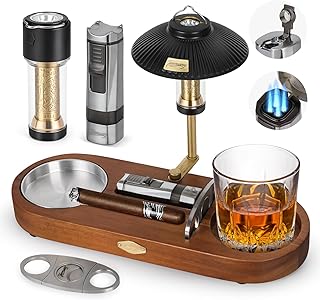 Cigar Ashtray, Whiskey Glass Tray and Wooden Ash Tray, Cigar Accessories with Cigar Cutter, Refillable Cigar Torch Lighter, LED Lamp, Cigar Ashtrays for Outdoors Home Office, Gifts for Men
