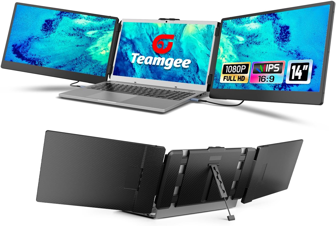 Teamgee Laptop Screen Extender, 14” Full HD Portable Monitor for Laptop with Speakers & Flexible Kickstand, Plug-Play Laptop Monitor Extender Fits 13”-17” (Diagonal) Laptops of Wins/Mac/Dex/Android