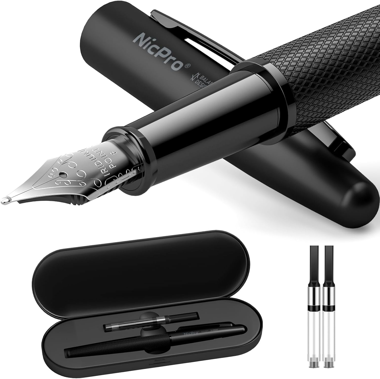 Nicpro Classic Black Fountain Pen Set, 0.5mm Fine Nib with Ink Refill Converter, Metal Case, Smooth Writing Calligraphy Pen Gift for Men, Women, Office, Business