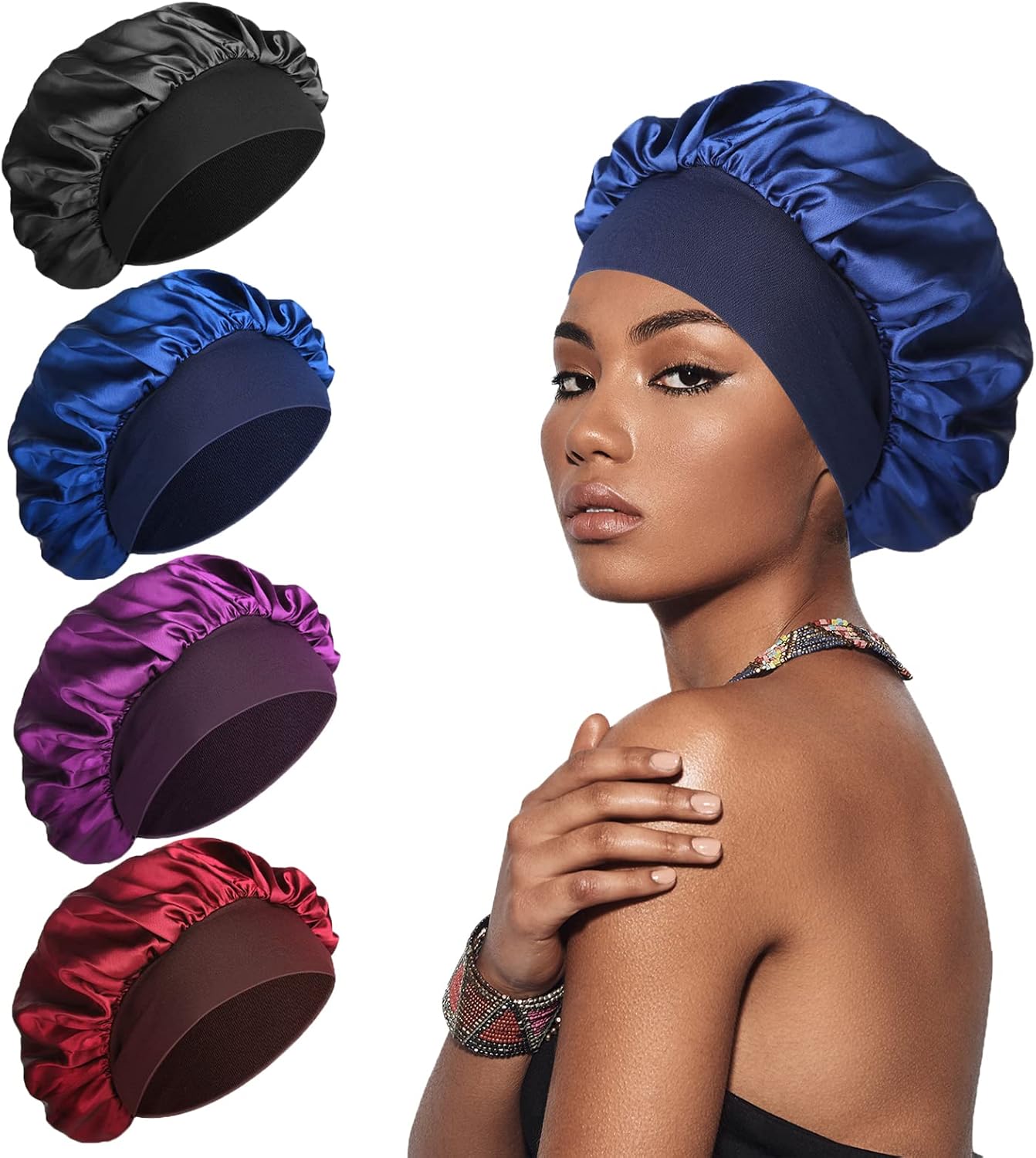 4 Pcs Silk Bonnet, Silk Hair Wrap for Sleeping, Soft and Comfortable Satin Sleep Cap, Black, Navy, Purple, Burgundy