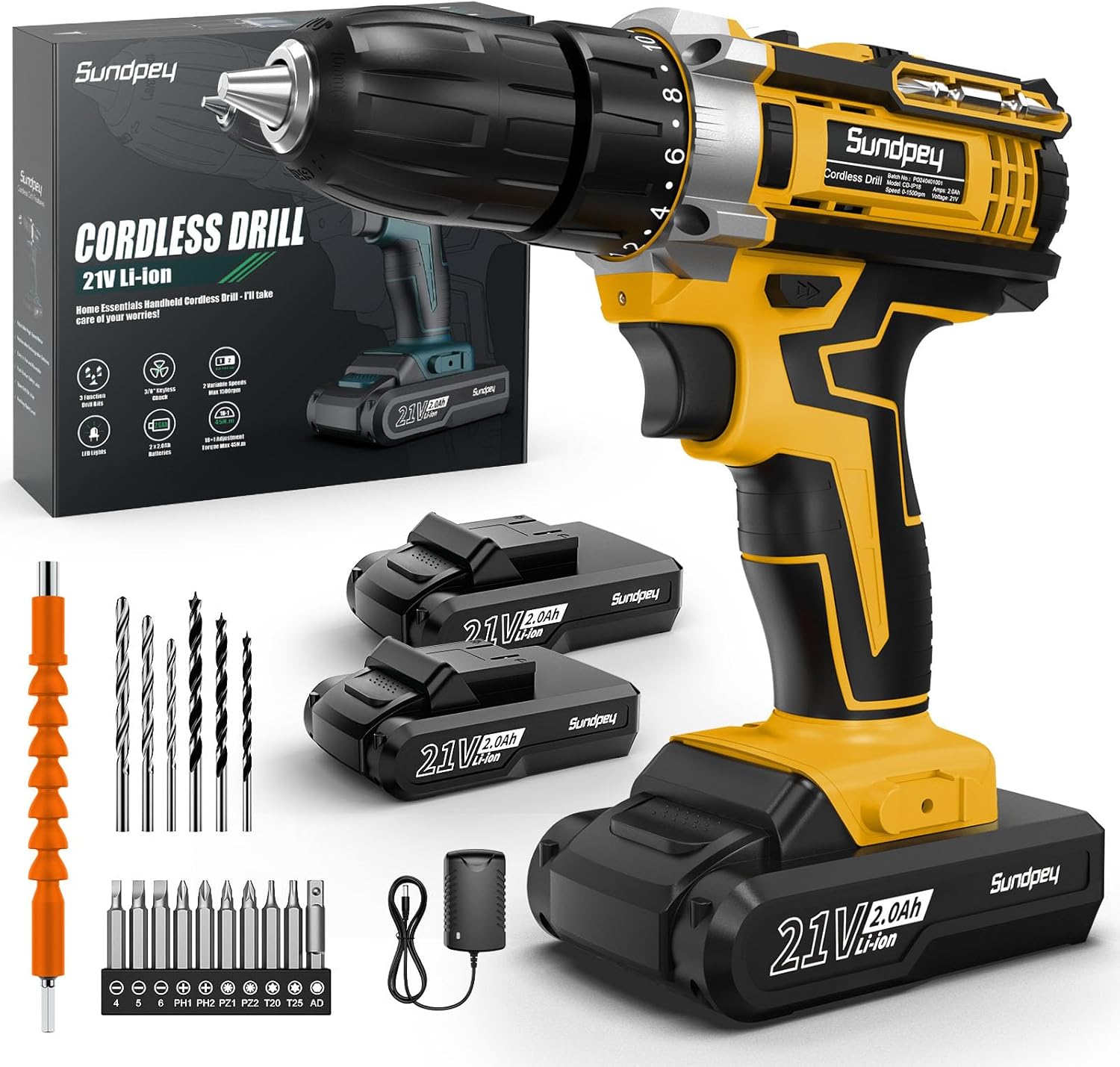 Sundpey Cordless Drill Set 21V - Power Electric Drill Driver with 2 Batteries 2.0Ah, 18+1 Torque, 45N.m Max, LED Light, Spirit Level, 10mm Keyless Chuck, 2 Speed Electric Screwdriver for Home