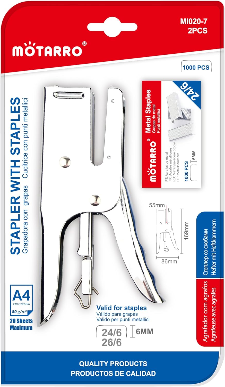 Motarro Heavy-Duty Full-Strip Metal Plier Stapler, Large Capacity Stapler with Standard 24/6 Metal Staples 1000 pcs for Desktop Work Office & School Supplies
