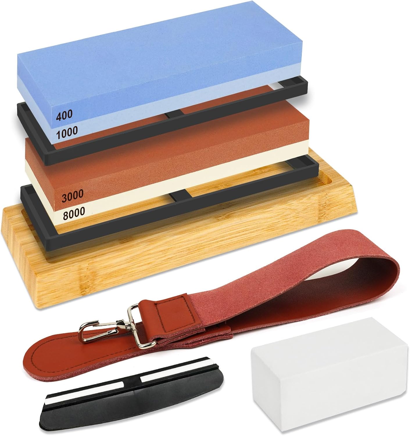 RISEMART Knife Sharpening Stones Set, Professional 400 1000 3000 8000 Grit Whetstone for Sharpening Knives with Flattening Stone, Non-Slip Base, Angle Guide (8 Pcs)