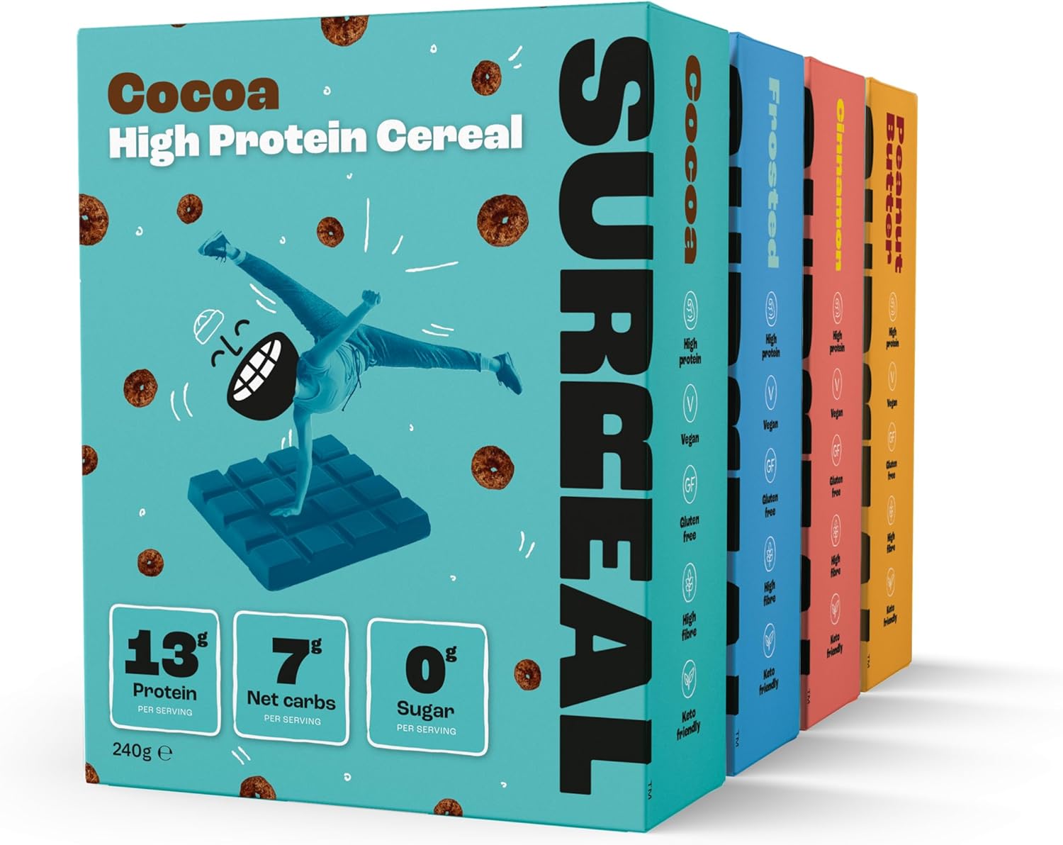Surreal Variety Pack - High Protein Cereal – Zero Sugar- Healthy Plant Based Cereal - High in Fibre - Low Carb – Gluten Free - Vegan - 13g of Protein, 0g of Sugar - 240g per Box - 4 Pack (1 x each)