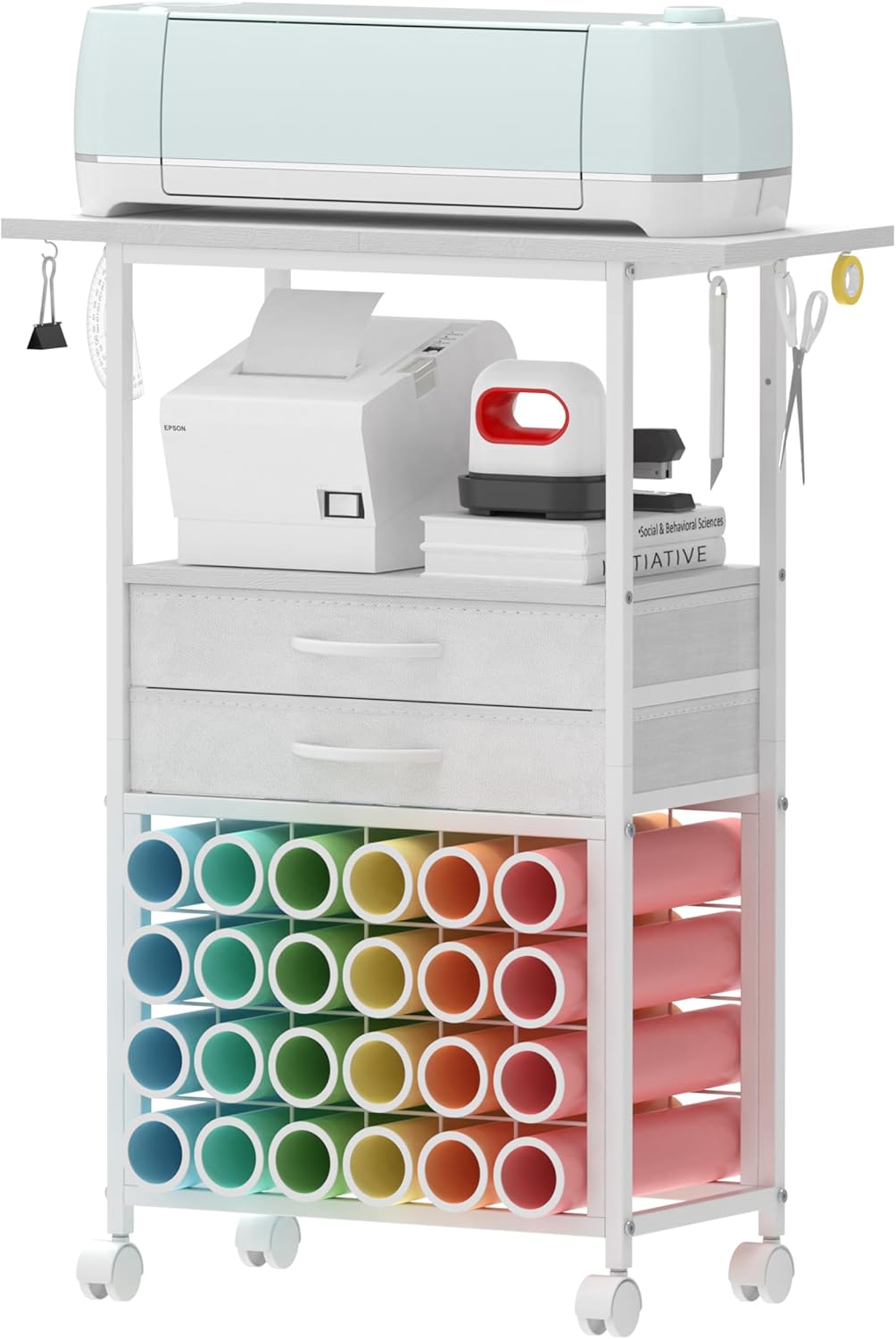 Organizer and Storage Stand Compatible with Cricut Machines,Rolling Storage Cart/Shelf with 24 Vinyl Roll Holders，2 Fabric Drawer,Accessories Holder,Tool Hook for Craft Room Home (white)