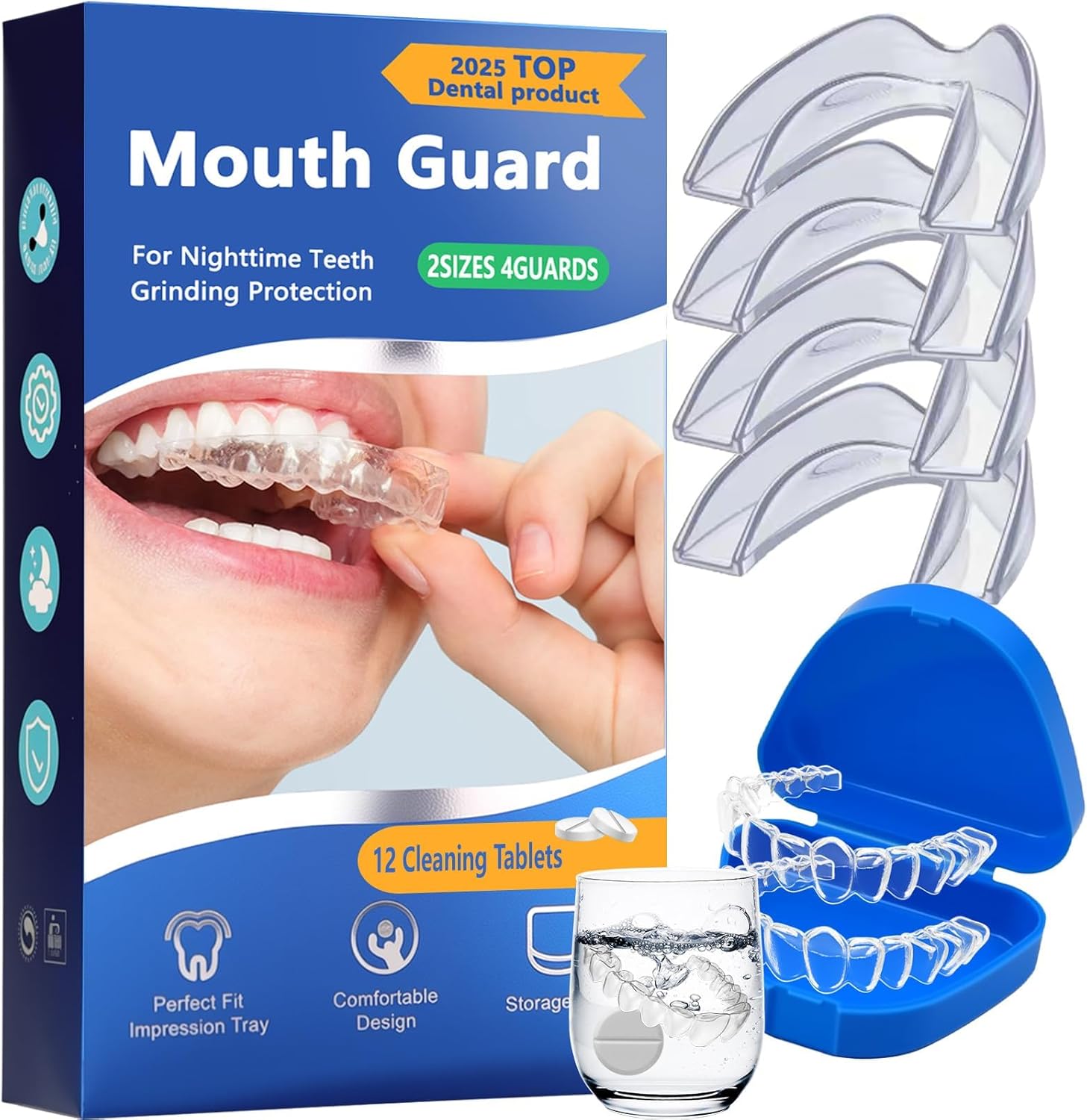 ‌Mouth Guard for Teeth Grinding - 4 Pack Teeth Grinding Guard with 2 Sizes & 12 Cleaning Tablets | Night Guard Stop Teeth Clenching, Suitable for Adults and Children1.9 * 2.2in+1.7 * 2.4in