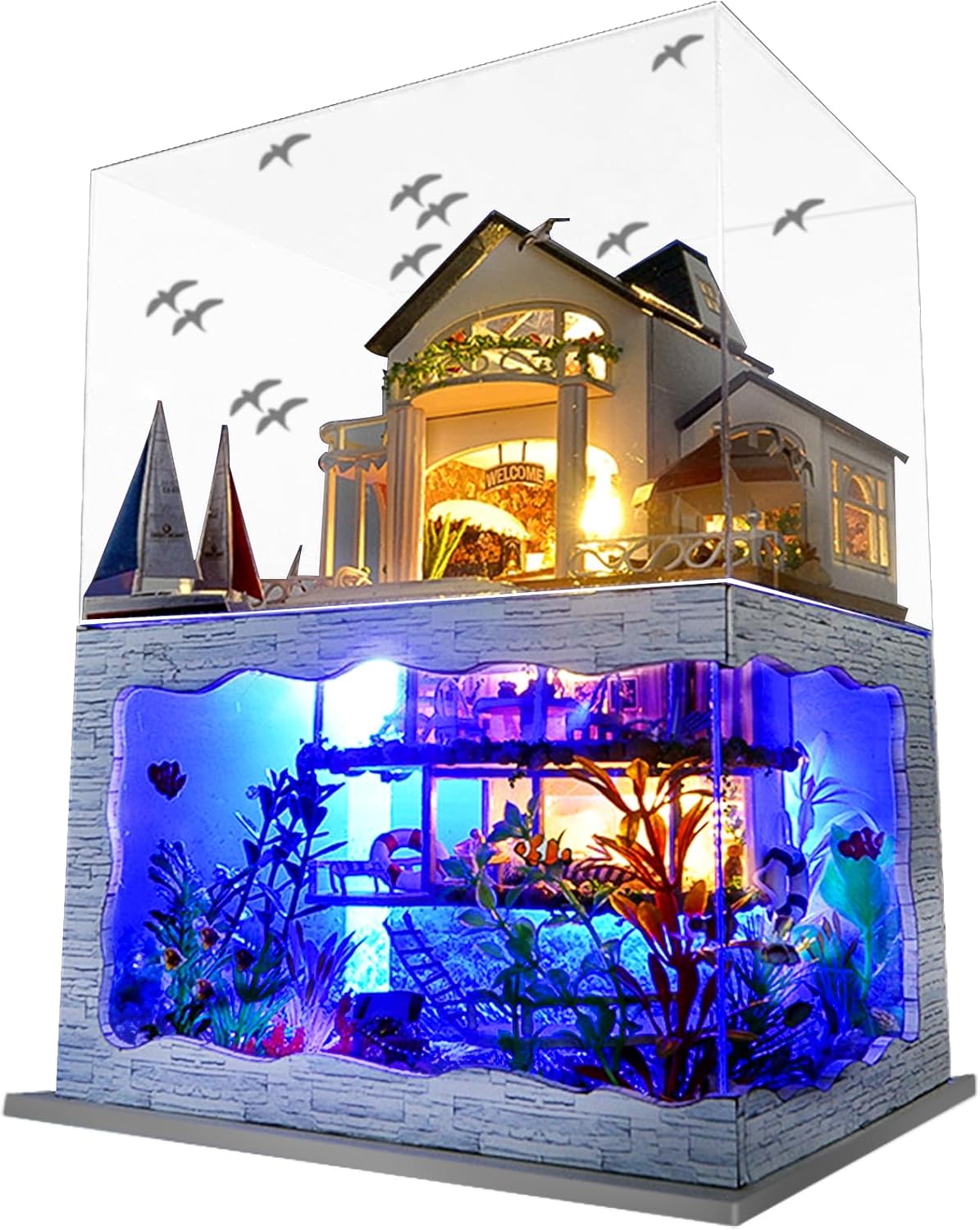 Spilay Diy Miniature House Kit, Wooden Dollhouse Kit with Furniture and Music Box, 1:24 Scale Creative Doll House Christmas Birthday Gift for Lovers Boys and Girls (Hawaii Impression)