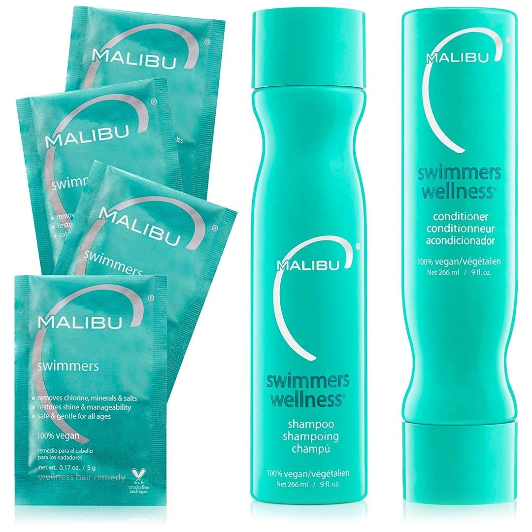 Malibu C Swimmers Wellness Shampoo and Conditioner + Hair Mask Summer Essentials Kit - Adults & Kids Clarifying, Moisturizing, Shine Restoring Hair Care - Protects from Pool Chlorine & Copper, 6 Ct
