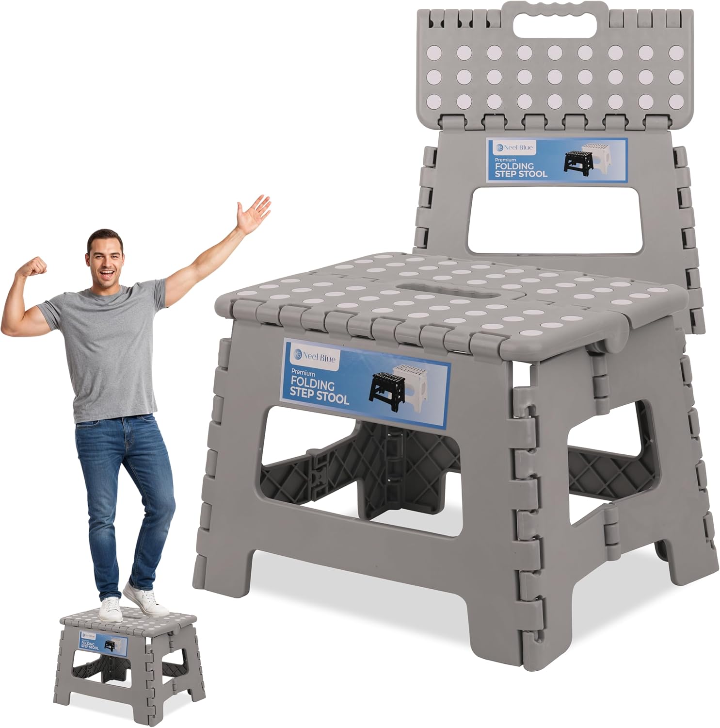 Trimming Shop Heavy Duty 9 Inch Folding Step Stool with Carry Handle Anti Slip Surface Portable Plastic Foldable Camping Stool for Kitchen Bathroom Indoor/Outdoor Use 330lbs Load Capacity - Light Grey