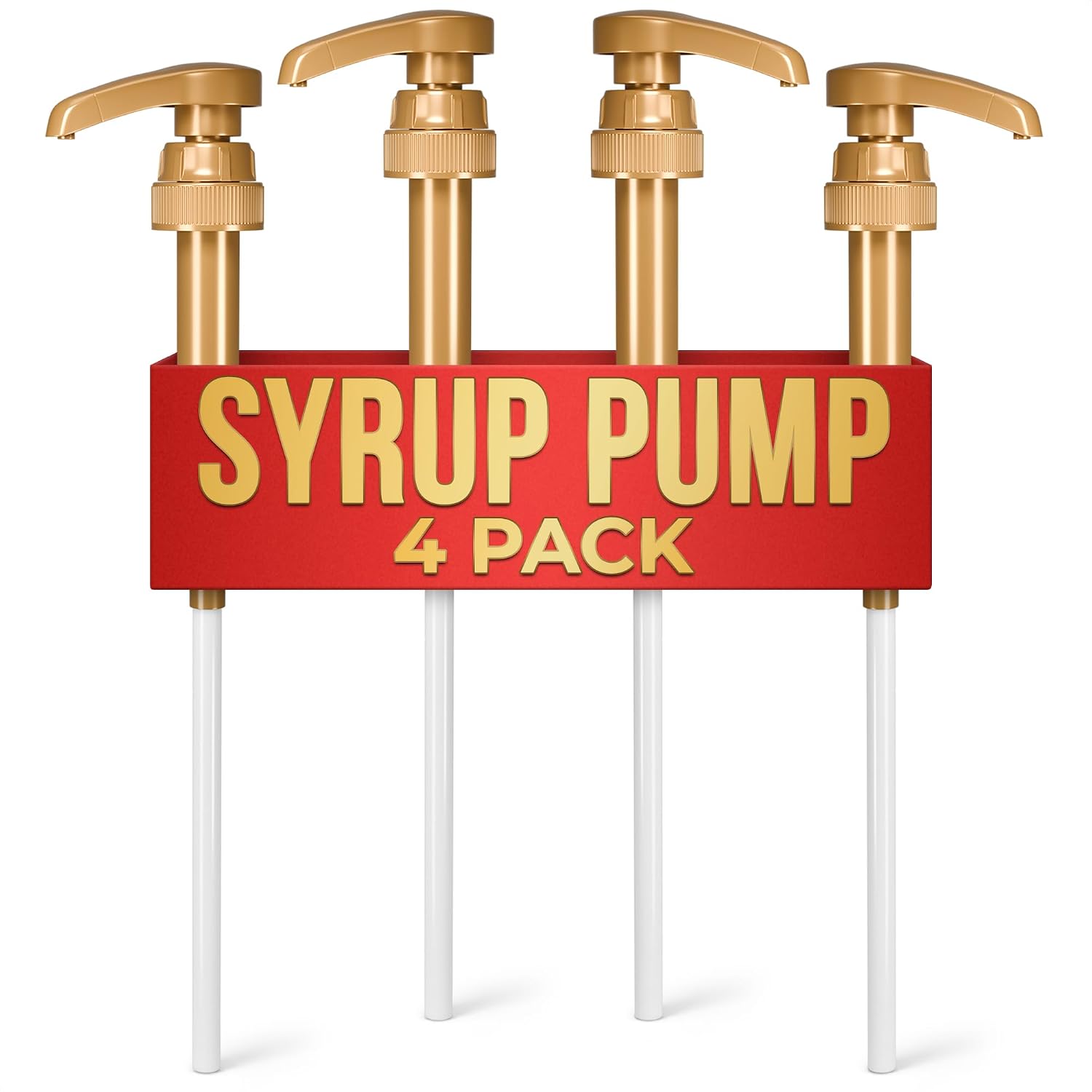 Gold Syrup Pump Dispenser 4 Pcs, Skinny Pumps for 750 ml / 25.4 Oz
