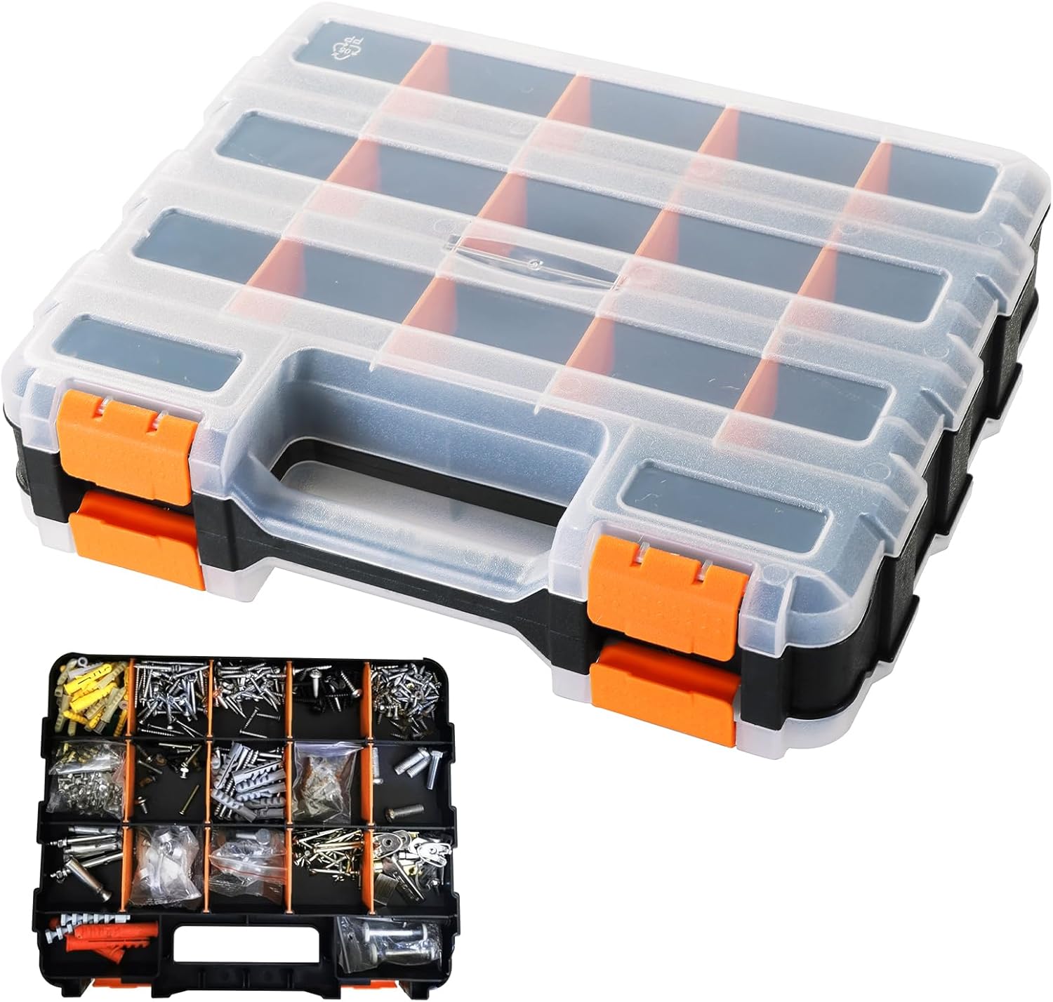 DASBET Double-Sided Tool Organizer 34-Compartment Storage Box Customizable Removable Dividers Tool Box with Transparent Lid DIY Hardware Assortment Organizer for Screws, Nuts, Small Parts