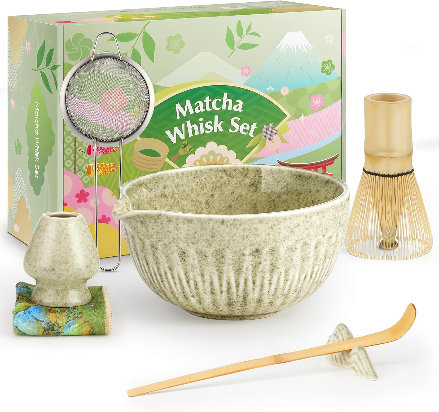 20Oz Matcha Whisk Set，7 Pcs Matcha Kit Includes Matcha Bowl, Whisk & Holder, Bamboo Scoop, Scoop Rest, Sifter & Tea Towel - Perfect for Matcha Tea Ceremony