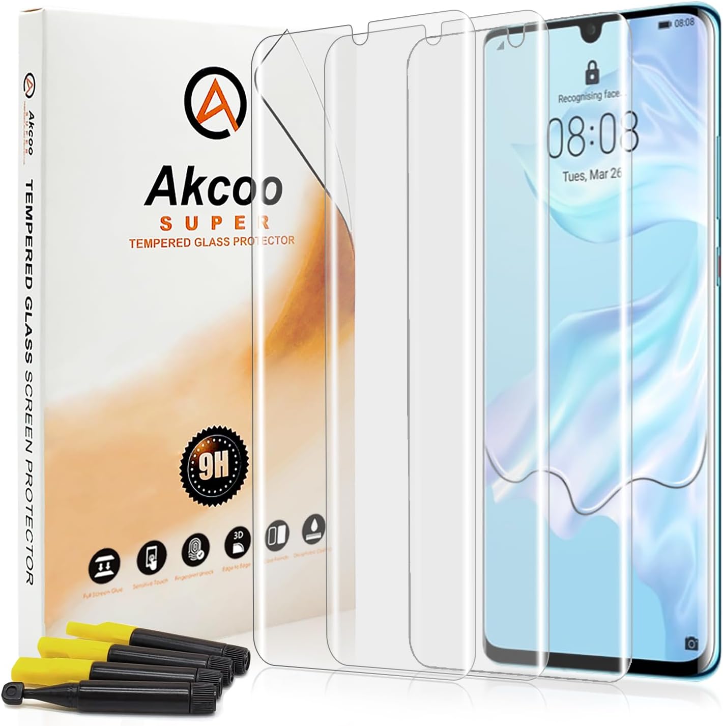 Screen Protector for P30 Pro [3 Pack],Tempered Glass UV Set,Edge to Edge Coverage,Sensitive Touch,Scratch Resistant,Fingerprint-ID Compatible